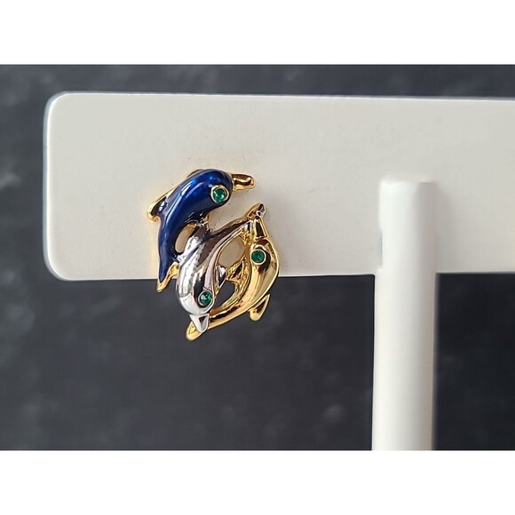 Dolphin Enamel Rhinestone Stud Earrings Vintage Costume Jewelry - Picture 5 of 10